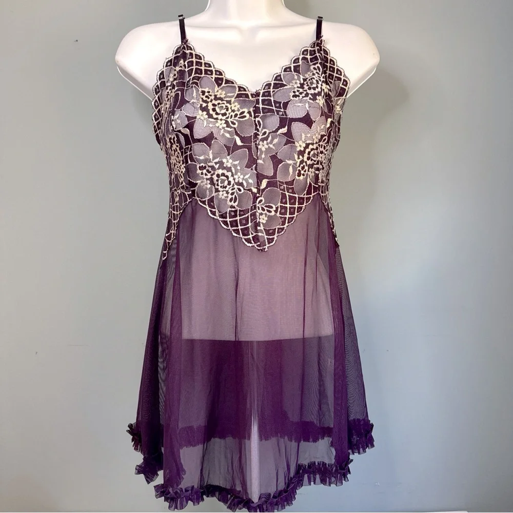 Purple Lace Ruffle Slip Nightie Nightgown Size F - Picture 1 of 6
